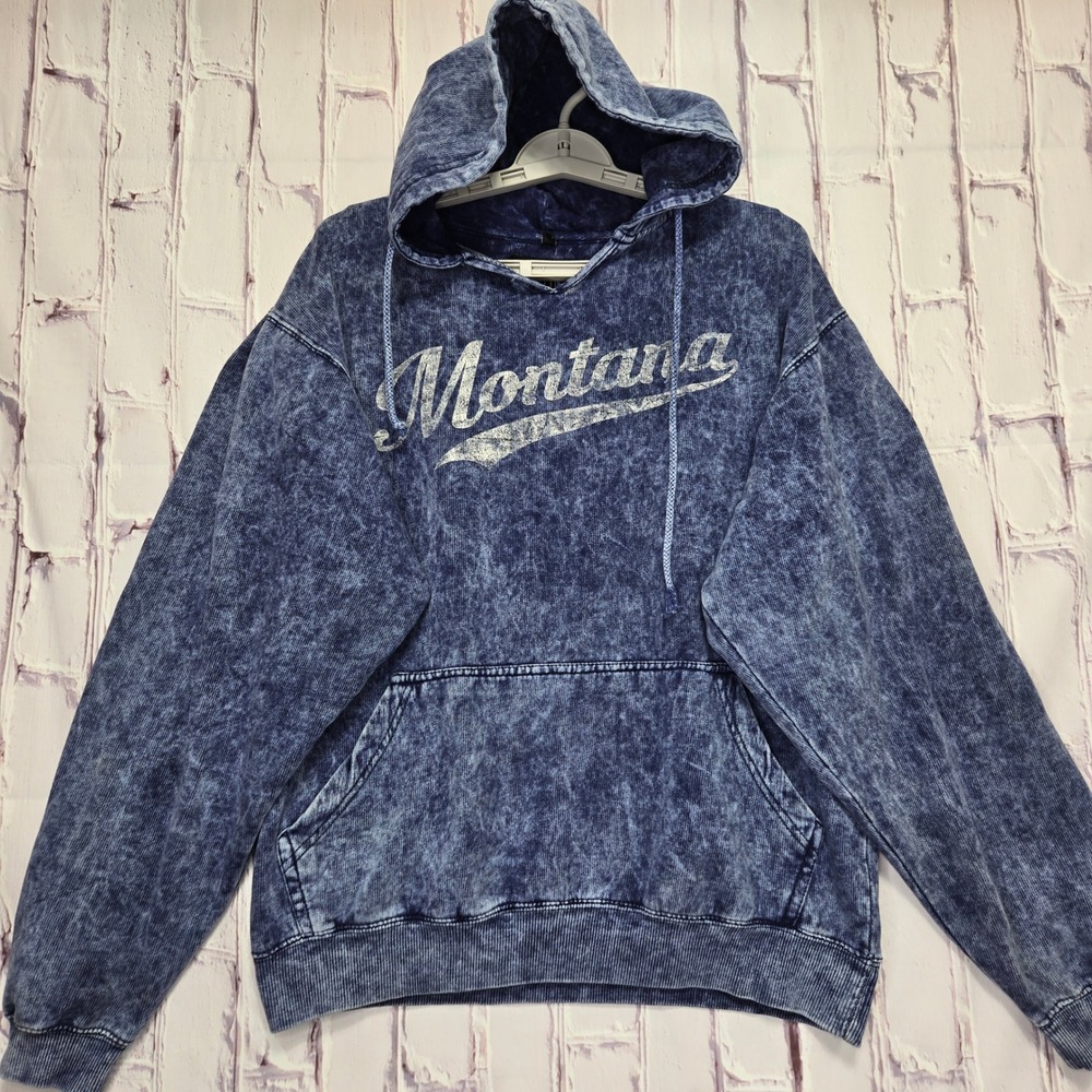 Austins Inc Montana Hoodie Mens Sz M Blue Acid‎ Wash Graphic Pullover Sweatshirt